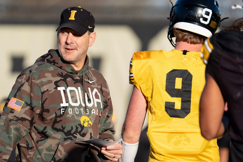 Iowa offensive coordinator Tim Lester is pictured during practice April 9, 2026 in Iowa City, Iowa.
