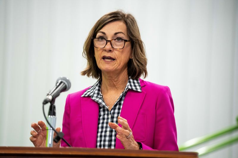 Iowa Gov. Kim Reynolds speaks during a bill signing for HF 2514, a law that would make child care workers eligible for state child care assistance regardless of their income, on April 9, 2026, at Stepping Stones Child Development Center in Slater.