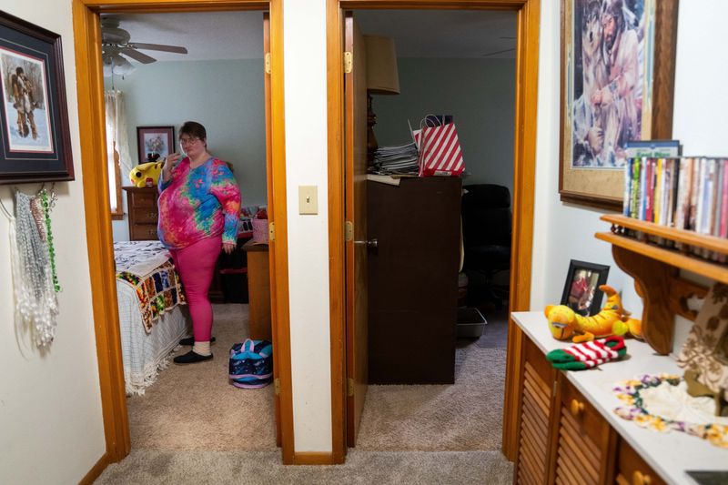 Sarah Beaman shows her room after being kicked out of her group home and being released from Guthrie County Jail to the care of Kelly Bast and Beverly Wild on April 7, 2026, in Guthrie Center.