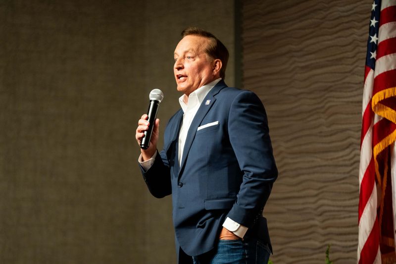 Iowa Secretary of State Paul Pate speaks at the Cerro Gordo GOP Pancakes and Patriots fundraiser on April 11, 2026, in Clear Lake.