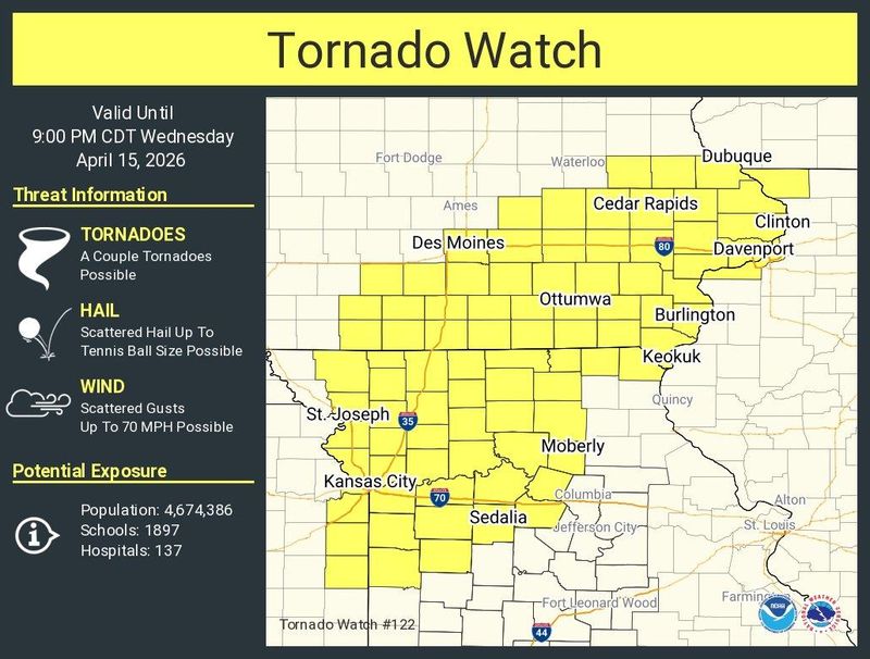 A tornado watch covers portions of Iowa until 9 p.m. Wednesday, April 15.