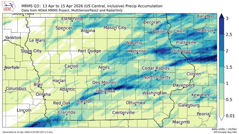 Heavy rain has fallen in Iowa between April 13 and April 15, 2026.