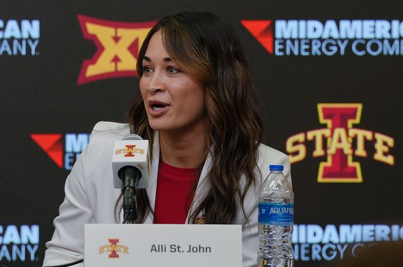 Iowa State new women wrestling head coach Alli St.John speaks during a press conference at Hilton Coliseum on April. 16, 2026, in Ames, Iowa