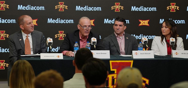 Iowa State new wrestling director Kevin Dresser speaks during an announcement by athletic director Jamie Pollard of Iowa State women’s wrestling program and new head men’s wrestling coach Brent Metcalf, and women’s wrestling coach Alli St.John during a press conference at Hilton Coliseum on April. 16, 2026, in Ames, Iowa
