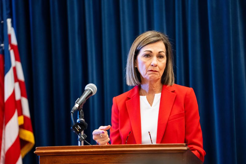 Gov. Kim Reynolds answers questions on the Iowa House’s updated property tax bill on April 16, 2026, at the Iowa State Capitol.