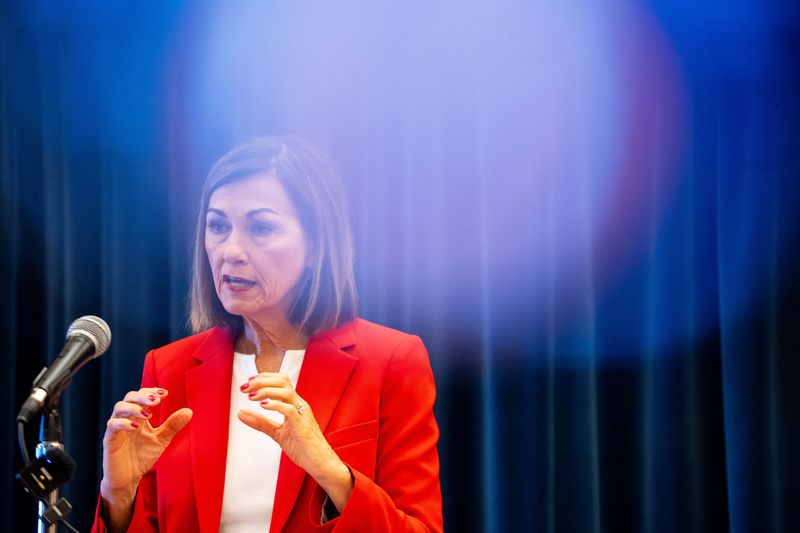 Gov. Kim Reynolds answers questions on the Iowa House’s updated property tax bill on April 16, 2026, at the Iowa State Capitol.