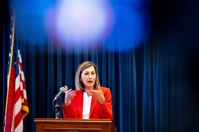 Gov. Kim Reynolds answers questions on the Iowa House’s updated property tax bill on April 16, 2026, at the Iowa State Capitol.