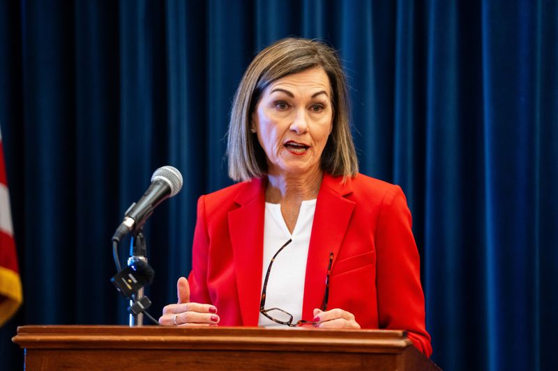 Gov. Kim Reynolds answers questions on the Iowa House’s updated property tax bill on April 16, 2026, at the Iowa State Capitol.