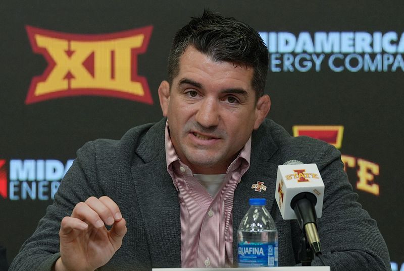 Iowa State new men’s wrestling head coach Brent Metcalf speaks during a press conference at Hilton Coliseum on April. 16, 2026, in Ames, Iowa