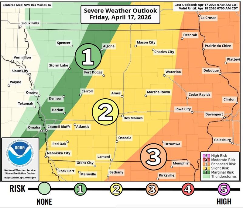 The severe weather outlook for Iowa on Friday, April 17, 2026.