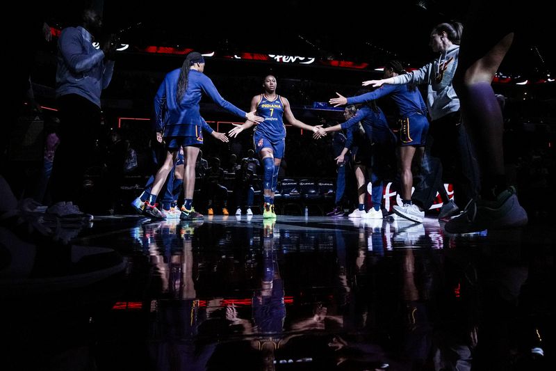 Indiana Fever Aliyah Boston (7) is introduced Saturday, May 3, 2025, during a preseason game between the Indiana Fever and the Washington Mystics at Gainbridge Fieldhouse in Indianapolis. The Indiana Fever defeated the Washington Mystics in overtime, 79-74.
