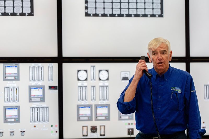 Wayne Render participates in a simulated training excercise during a tour of the new training facility for the Duane Arnold nuclear power plant April 20, 2026 in Hiawatha, Iowa.