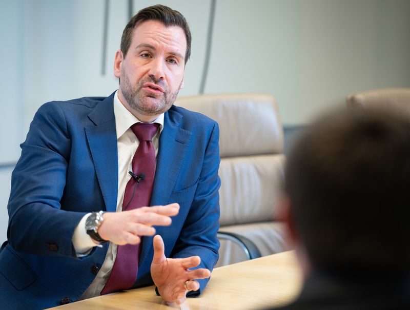 Josh Turek, Democratic candidate for U.S. Senate, meets with journalists at The Des Moines Register, April 20, 2026.