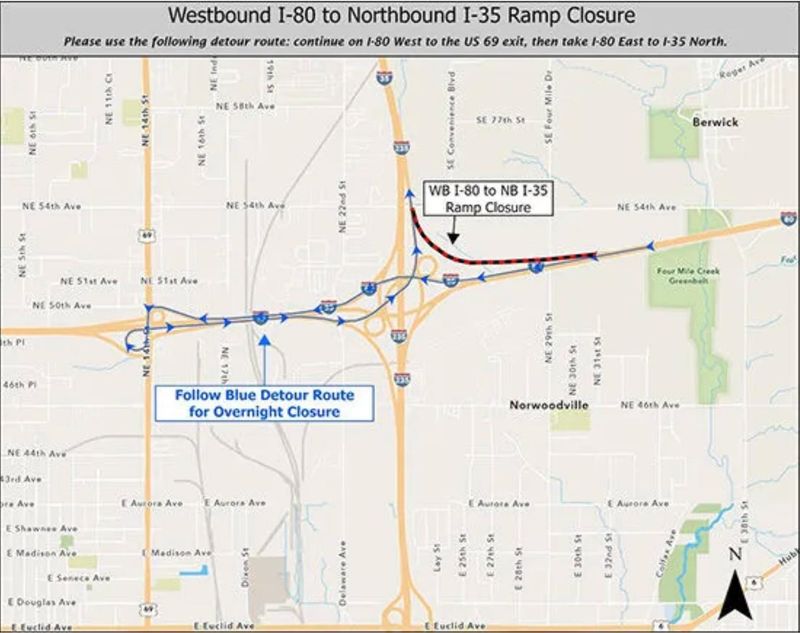 A detour for an overnight closure of the westbound I-80 to northbound I-35 ramp between the northeast mixmaster and U.S. 65. The closures run from April 21-24.