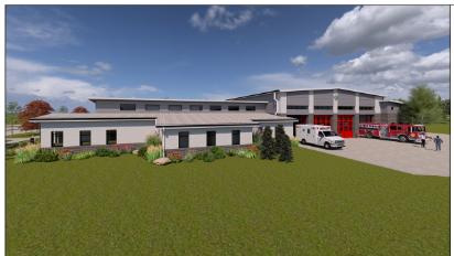 A rendering depicts the new West Des Moines Fire Department and EMS Station 13, which is expected to open in late 2027 at 1650 S.E. Maffitt Lake Road. The city broke ground April 24, 2026 on the almost 15,300-square-foot station.