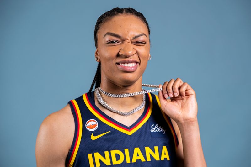 Indiana Fever forward Makayla Timpson (21) poses for a photo Wednesday, April 22, 2026, during media day at Gainbridge Fieldhouse in Indianapolis.