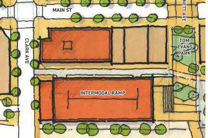 The City of Ames will study the possibility of an intermodal parking facility south of Wells Fargo thanks to a $500,000 federal grant. As shown in the document, "Downtown Ames: A Guiding Vision for the Future," this drawing is conceptual and subject to change.
