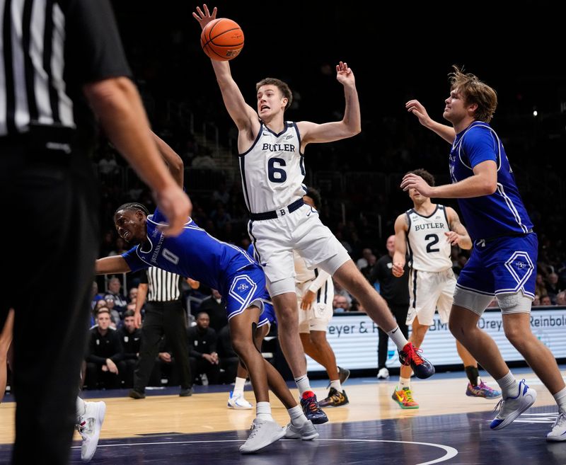 Butler Bulldogs forward Jack McCaffery (6) leaps for the ball Wednesday, Oct. 29, 2025, during the game at Hinkle Fieldhouse in Indianapolis. The Butler Bulldogs defeated the Indiana State Sycamores, 105-80.
