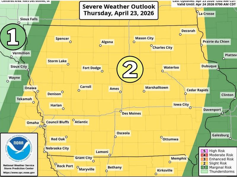 The severe weather outlook for Iowa on Thursday, April 23, 2026.