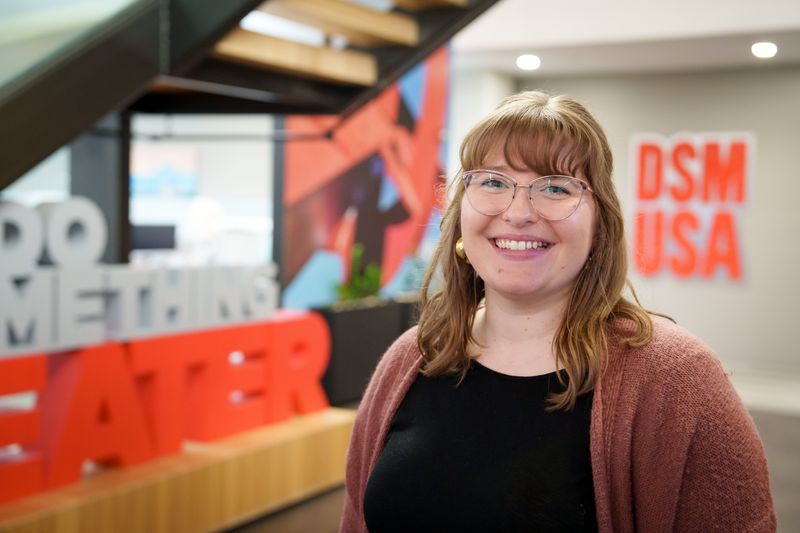 Elizabeth Weyers, manager of the Downtown Farmers' Market, stands for a photo at the Greater Des Moines Partnership offices, April 23, 2026.