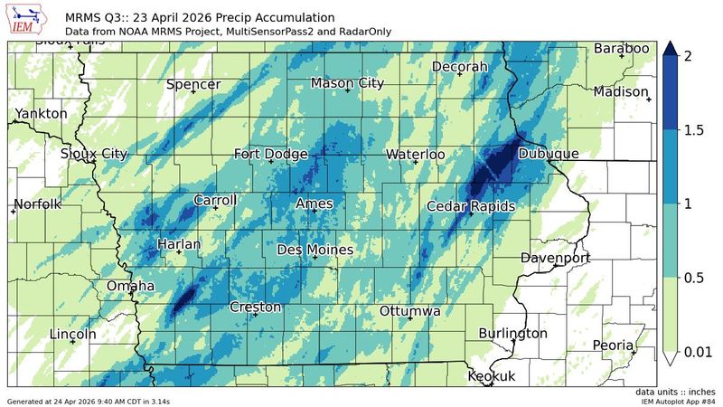 Iowa saw at most 2 inches of rain on Thursday, April 23 during severe thunderstorm and tornado warnings.