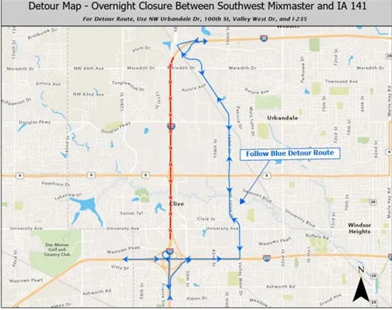 The detour for overnight closures during Friday, April 24 weekend.