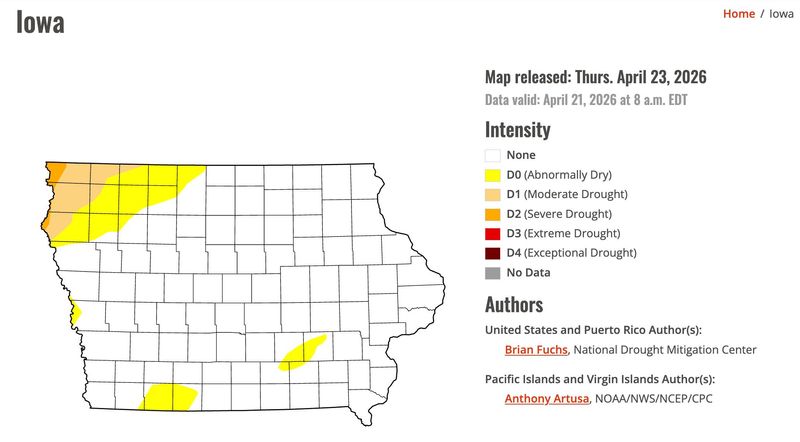 The U.S. Drought Monitor map of Iowa as of April 23, 2026.