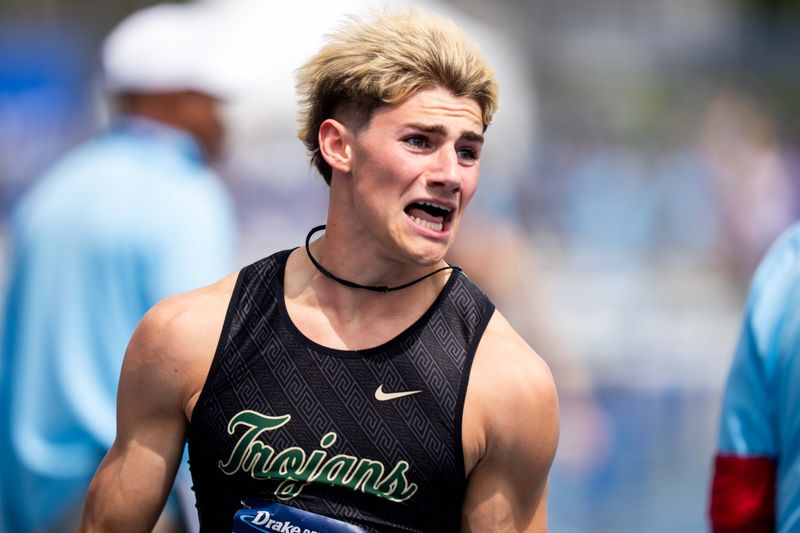 Iowa City West’s Ryder Gorsh reacts to winning the boys 4x110 shuttle hurdles on April 25, 2026, at Drake Stadium in Des Moines.
