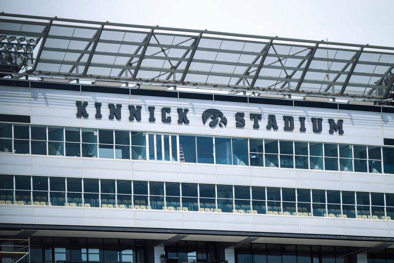 New block lettering is pictured on the press box with a Tigerhawk logo as construction continues as updates are completed, Wednesday, July 17, 2019, at Kinnick Stadium in Iowa City.

190717 Kinnick 001 Jpg