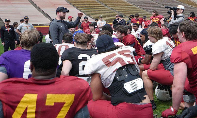 Iowa State football coach Jimmy Rodgers talks to the team after the spring football game at Jack Trice Stadium on April 25, 2026, in Ames, Iowa
