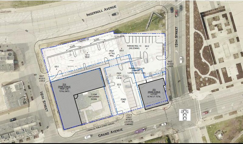 A site plan submitted to the city of Des Moines shows plans for reviving the Butler Building, the former home of the Gas Lamp music venue, and the Jefferson Apartments in the Western Gateway district.
