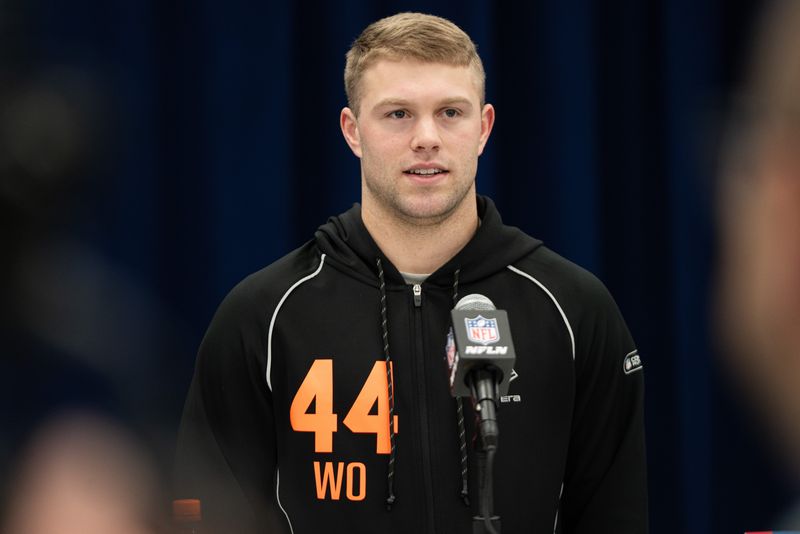 Feb 27, 2026; Indianapolis, IN, USA; Iowa wideout Kaden Wetjen (WO44) speaks to members of the media during the NFL Combine at the Indiana Convention Center. Mandatory Credit: Jacob Musselman-Imagn Images