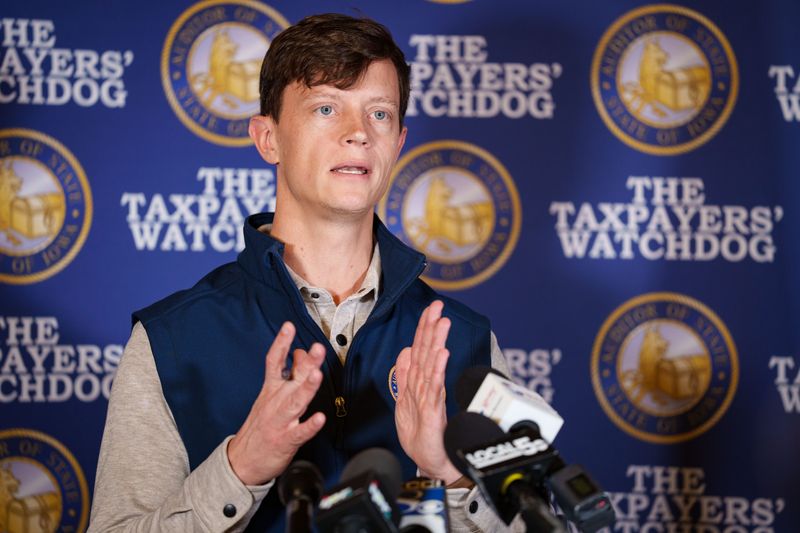 Iowa State Auditor Rob Sand speaks about an audit of the Des Moines Public Schools during a press conference, April 28, 2026, at the Capitol.