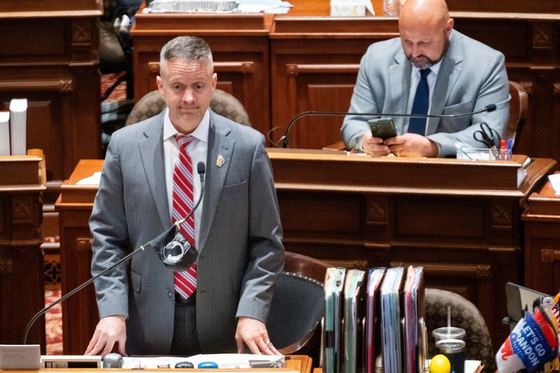State Sen. Dan Dawson speaks on the Senate floor on April 28, 2026, at the Iowa State Capitol.