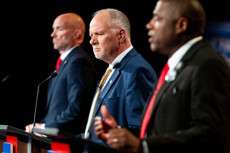 Iowa Republican gubernatorial candidate Brad Sherman participates in a debate hosted by Iowa PBS on April 28, 2026, in Johnston, Iowa.