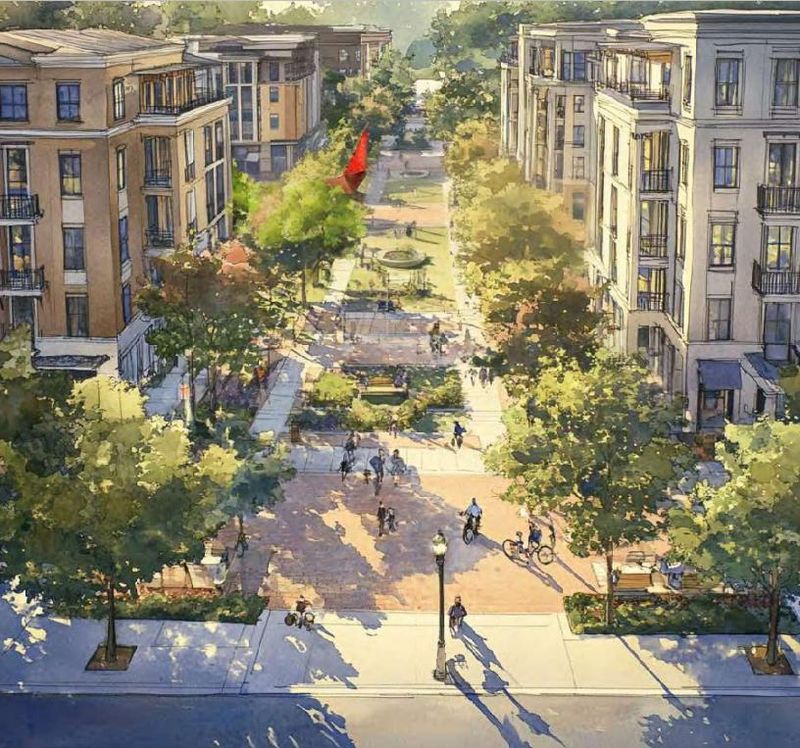 A rendering of the proposed redevelopment at the Valley West Mall site in West Moines shows the view looking south through a residential district.