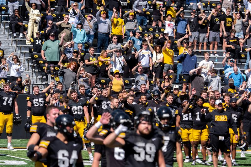 Iowa players, coaches and fans wave to patients of the Stead Family Childrenâ€™s Hosptial April 25, 2026 during the teamâ€™s spring practice at Kinnick Stadium in Iowa City, Iowa.