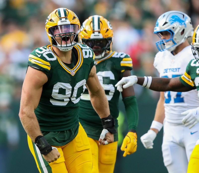 Sep 7, 2025; Green Bay, Wisconsin, USA; Green Bay Packers defensive end Lukas Van Ness (90) celebrates after sacking Detroit Lions quarterback Jared Goff (not pictured) during the second half at Lambeau Field. Mandatory Credit: Tork Mason-USA TODAY Network via Imagn Images