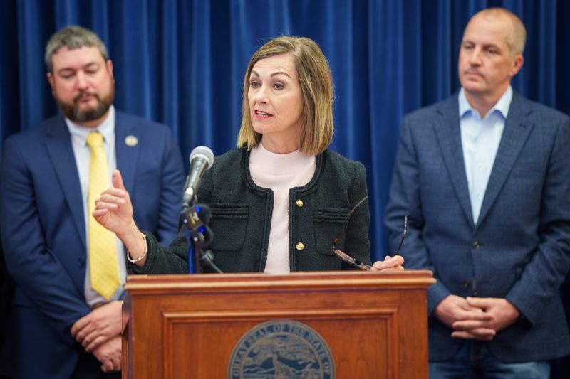 Gov. Kim Reynolds holds a press conference announcing Central Iowa Water Works will get $25 million to deal with high nitrate levels in the Des Moines and Raccoon Rivers, May 1, 2026, at the Capitol.