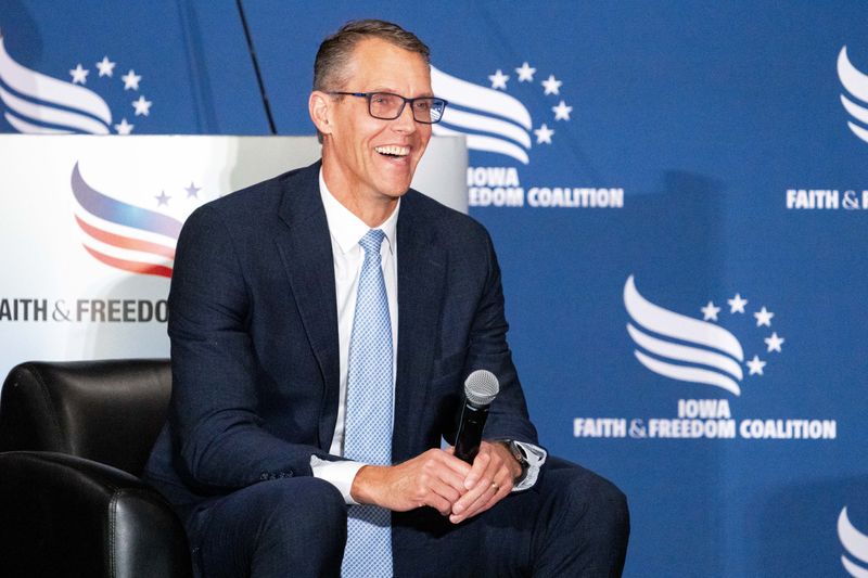 Republican gubernatorial candidate Randy Feenstra speaks during the Faith and Freedom Spring Kickoff on May 1, 2026, at the Horizon Events Center in Clive.