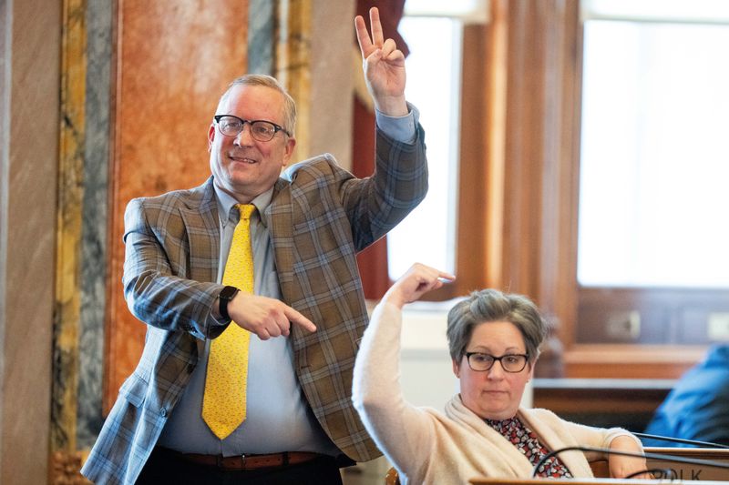 House Minority Leader Brian Meyer points to Rep. Heather Matson on May 2, 2026, at the Iowa State Capitol.