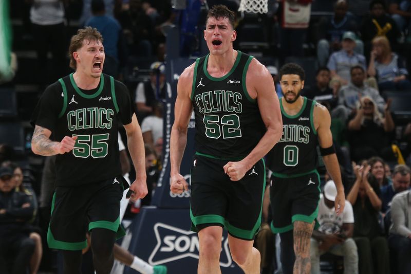 Mar 20, 2026; Memphis, Tennessee, USA; Boston Celtics guard Baylor Scheierman (55) and center Luka Garza (52) react during the fourth quarter against the Memphis Grizzlies at FedExForum. Mandatory Credit: Petre Thomas-Imagn Images