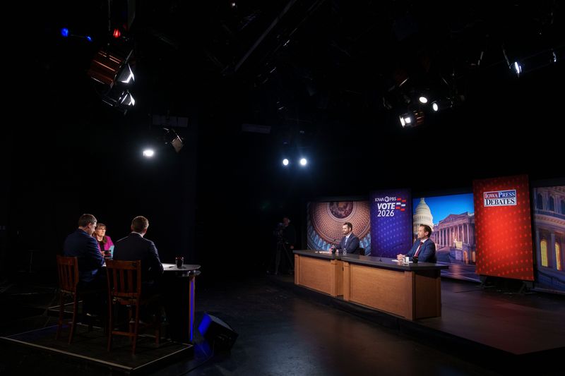 U.S. Senate candidates Zach Wahls and Josh Turek debate at Iowa PBS, May 5, 2026, in Johnston.