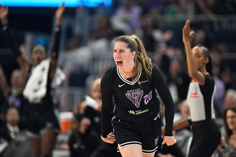 Aug 19, 2025; San Francisco, California, USA; Golden State Valkyries guard Kate Martin (20) celebrates a three point basket against the Phoenix Mercury in the first quarter at Chase Center. Mandatory Credit: Eakin Howard-Imagn Images