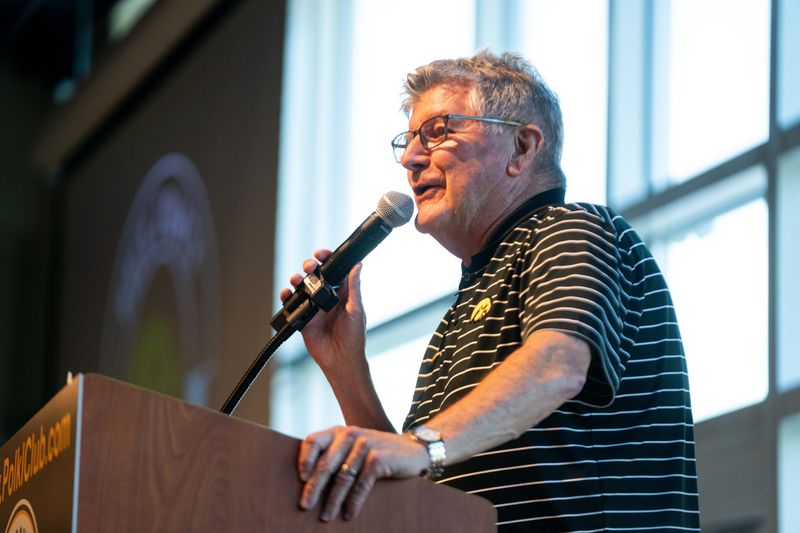 Broadcaster Gary Dolphin speaks during the Polk County I-Club’s spring banquet on May 6, 2026, in West Des Moines.