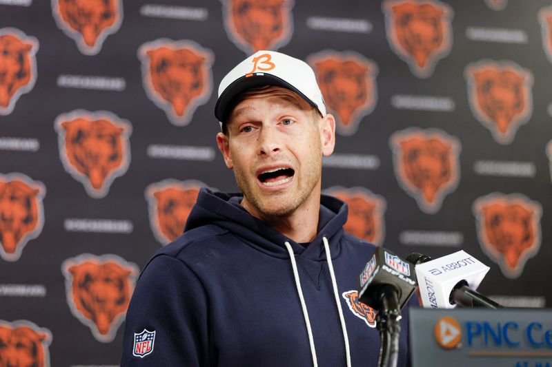 May 8, 2026; Lake Forest, IL, USA; Chicago Bears head coach Ben Johnson addresses the media at Halas Hall before Rookie Minicamp. Mandatory Credit: Kamil Krzaczynski-Imagn Images