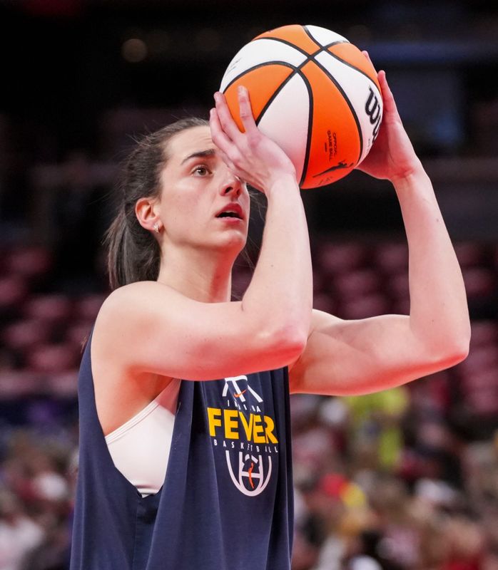Indiana Fever guard Caitlin Clark warms up Saturday, May 9, 2026, before the Fever's season opener game at Gainbridge FIeldhouse in Indianapolis.