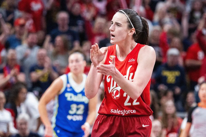 May 9, 2026; Indianapolis, Indiana, USA; Indiana Fever guard Caitlin Clark (22) celebrates in the second half against the Dallas Wings at Gainbridge Fieldhouse. Mandatory Credit: Trevor Ruszkowski-Imagn Images