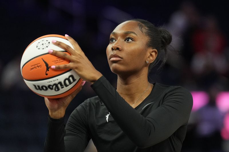 Jun 19, 2025; San Francisco, California, USA; Golden State Valkyries guard Bree Hall (21) warms up before the game against the Indiana Fever at Chase Center. Mandatory Credit: Darren Yamashita-Imagn Images