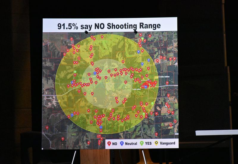 A display presented during a Wednesday, May 13 Madison County Board of Supervisors meeting shows survey results from nearby residents opposing a proposed shooting range east of Winterset.